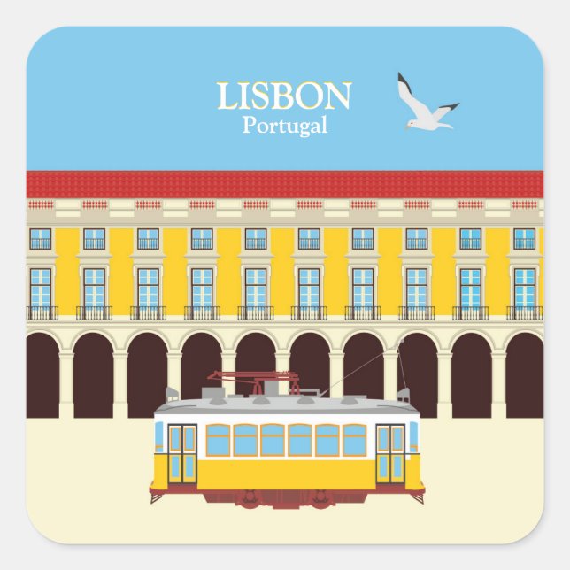 Lisbon yellow tram vintage style square sticker (Front)
