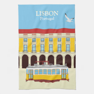 Lisbon yellow tram vintage style tea towel