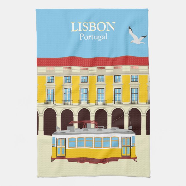 Lisbon yellow tram vintage style tea towel (Vertical)