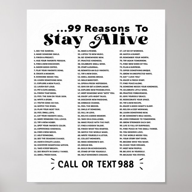 List Of 99 Reasons To Stay Alive - Mental Health A Poster (Front)