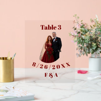 List Table Number Engagement Couple Photo Burgundy Acrylic Sign