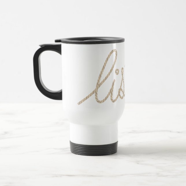 LISTEN Rope Text on White Travel Mug (Left)