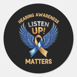 Listen Up! Hearing Awareness Matters Winged Ribbon Classic Round Sticker