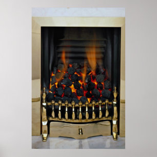 Lit coal in brass basket poster