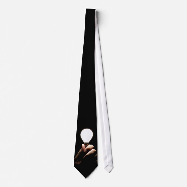 Lit lightbulb held in hand on black background tie (Front)