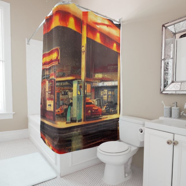 Lit Up Gas Station 1950s Shower Curtain (In Situ)