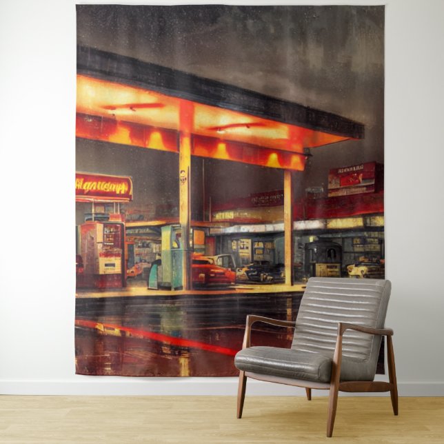 Lit Up Gas Station 1950s Tapestry (In Situ)