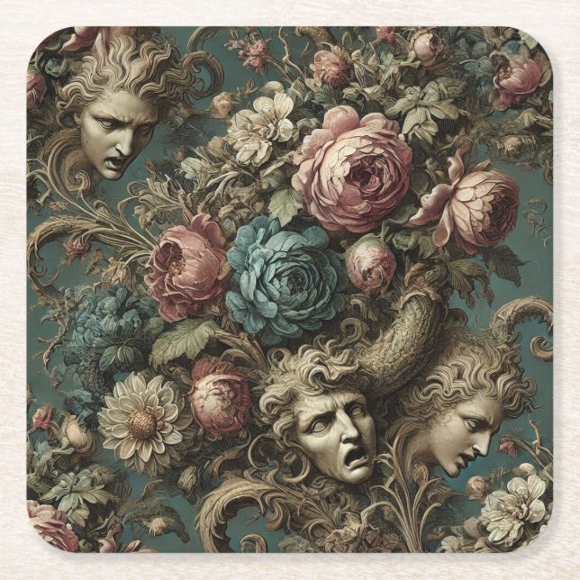 Litany of Aristocrats – Gothic Floral Design Square Paper Coaster (Front)
