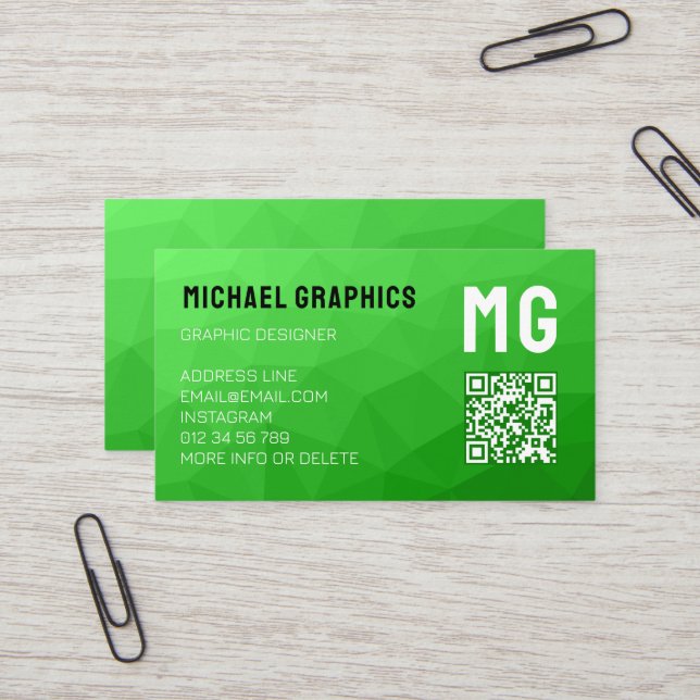 Lite green geometric mesh pattern QR code Monogram Business Card (Front/Back In Situ)