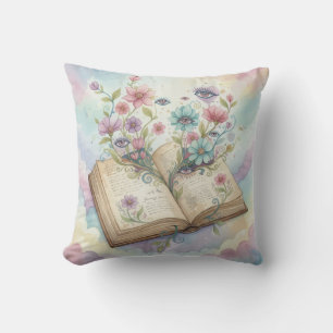 Literary Bloom: Open Book & Wildflower Psychedelic Cushion