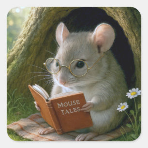 Literary Mouse In a Cosy Tree Hole Square Sticker