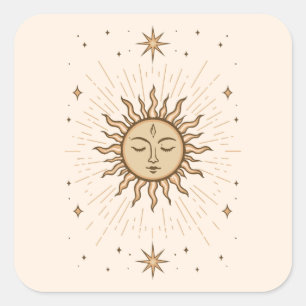 Litha Celestial Sun Face Summer Solstice Art Square Sticker