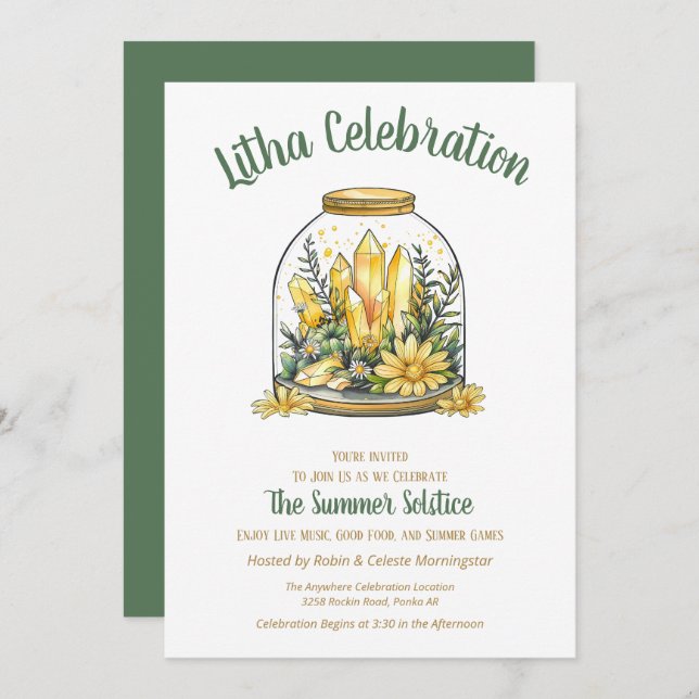 Litha Summer Floral Greenery & Citrine Crystals Invitation (Front/Back)