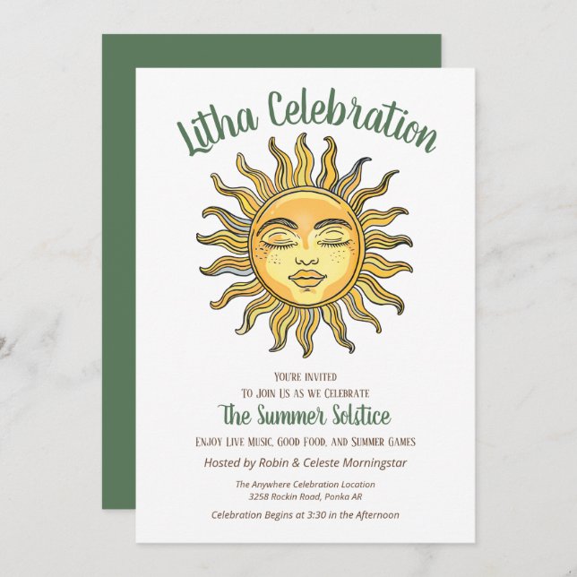 Litha Summer Solstice Smiling Yellow Sun Invitation (Front/Back)