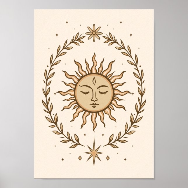 Litha Sun Face Botanical Wreath Celestial Art Poster (Front)