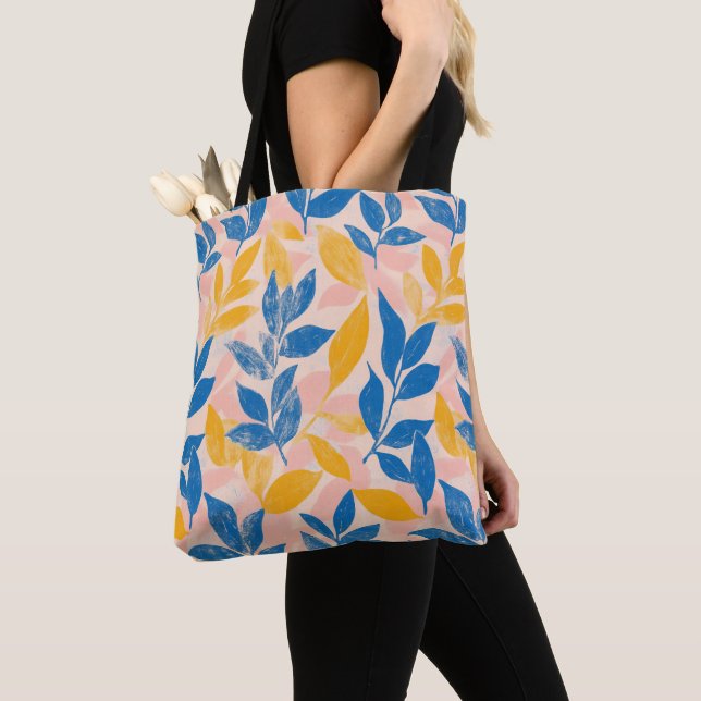 Lithograph Blue, Yellow and pink Botanical leafy Tote Bag (Close Up)