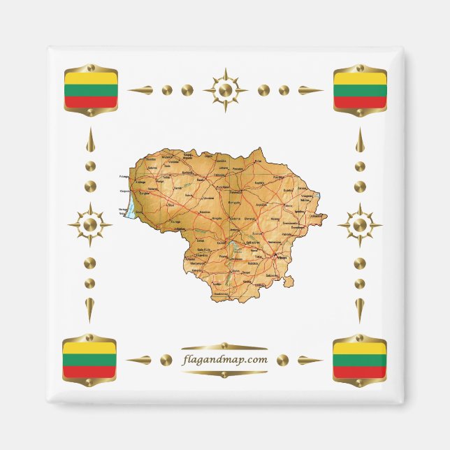 Lithuania Map + Flags Magnet (Front)