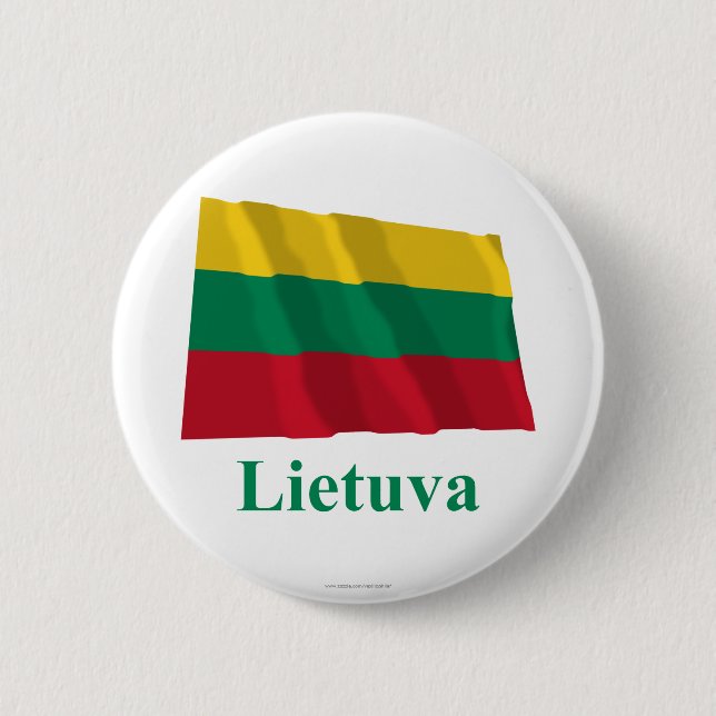 Lithuania Waving Flag with Name in Lithuanian 6 Cm Round Badge (Front)