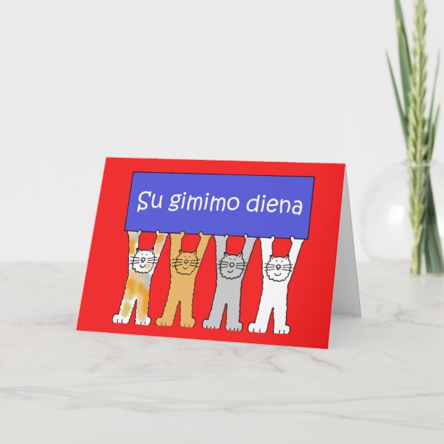 Lithuanian Happy Birthday Cartoon Cats Card (Front)