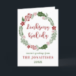 Lithuanian Merry Christmas, Custom Holiday Card<br><div class="desc">Green and red Christmas holiday wreath holiday card,  with the words Merry Christmas in Lithuanian: Linksmų Kalėdų.
TO CHANGE THE TEXT:
Click on "Personalise this template" to the right side of the images,  and type in your text in the boxes.</div>