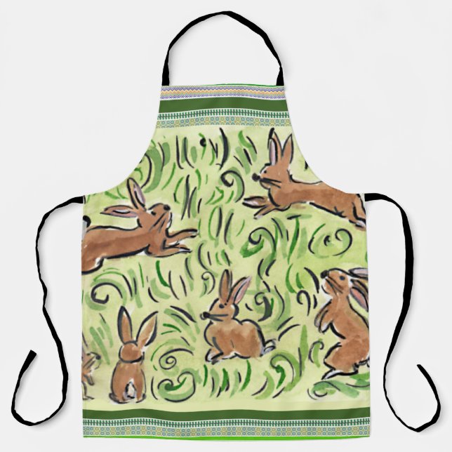 Litte Brown Bunnies Hopping on Green Apron (Front)