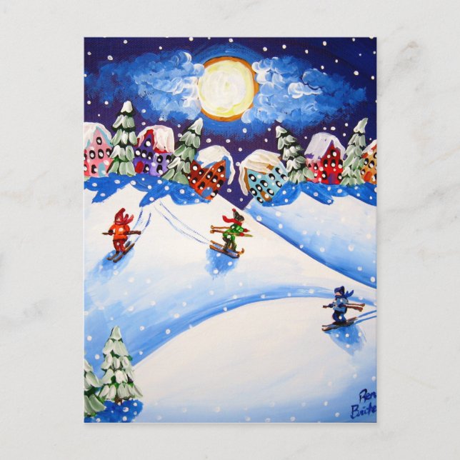 Litte Skiers Winter Folk Art Postcard (Front)