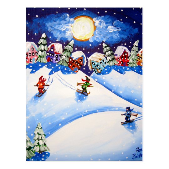 Litte Skiers Winter Folk Art Postcard