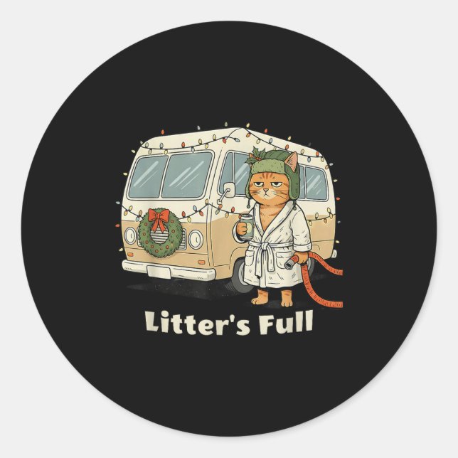 Litter's Full Christmas Cat, Funny Christmas Kitty Classic Round Sticker (Front)