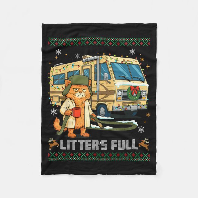 Litter's Full Funny Silly Cat Holding Coffee Meme  Fleece Blanket (Front)
