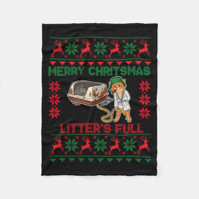 Litter's Full Merry Christmas Funny Cat Lover Ugly Fleece Blanket (Front)