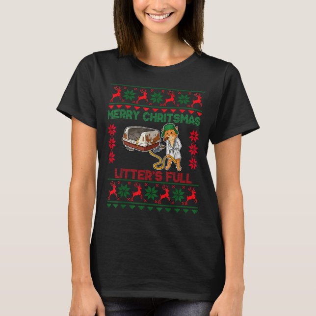 Litter's Full Merry Christmas Funny Cat Lover Ugly T-Shirt (Front)