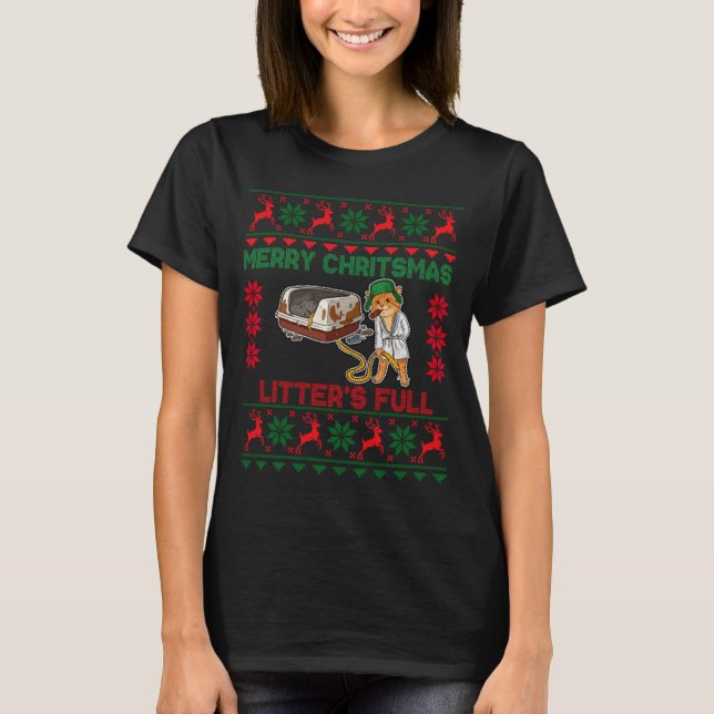 Litter's Full Merry Christmas Funny Cat Lover Ugly T-Shirt (Front)