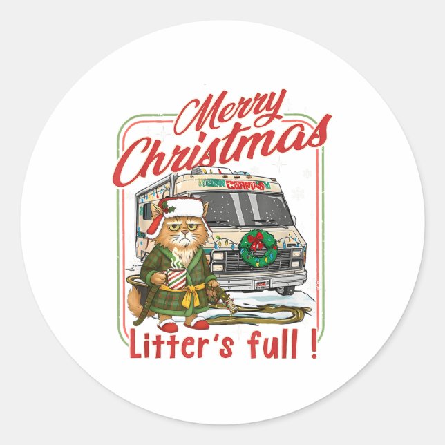 Litter's Full Merry Christmas Funny Cat Lovers Hol Classic Round Sticker (Front)
