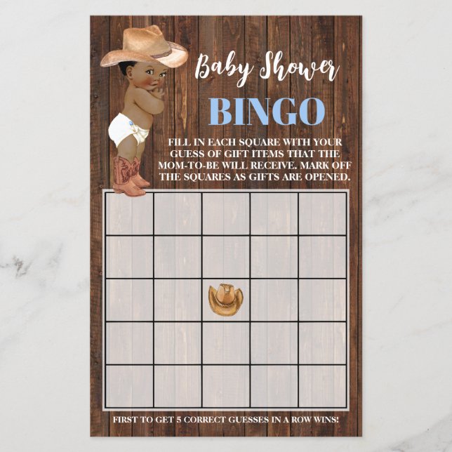 Little AA Cowboy Blue Baby Shower Bingo Game Card (Front)