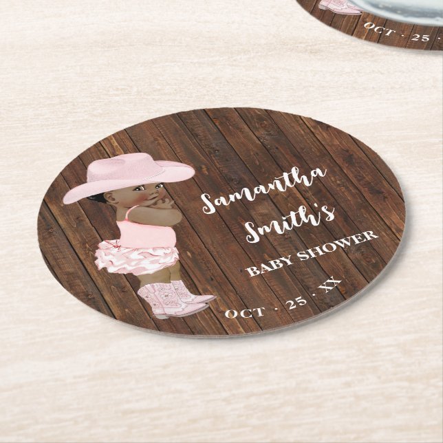 Little AA Cowgirl Western Baby Shower Round Pape Round Paper Coaster (Angled)