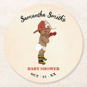 Little AA Firefighter Baby Shower Round Paper Coaster