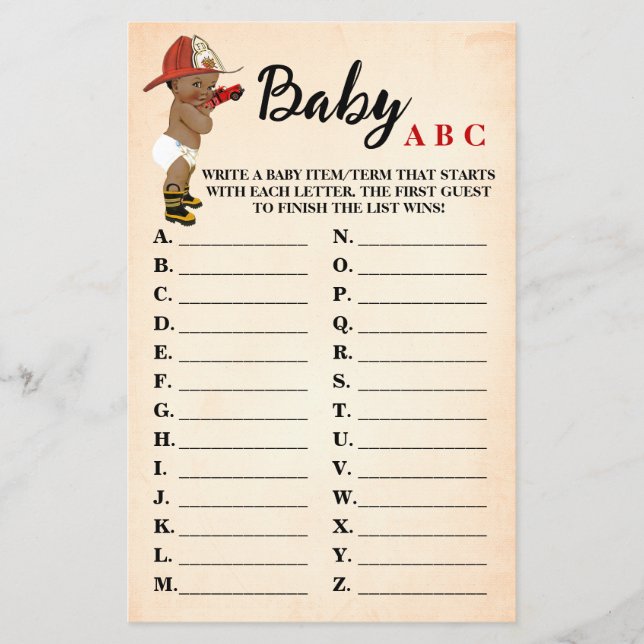 Little AA Fireman Baby ABC Baby Shower Game Card (Front)