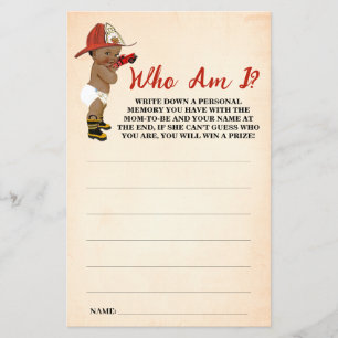Little AA Fireman Who am I Baby Shower Game Card