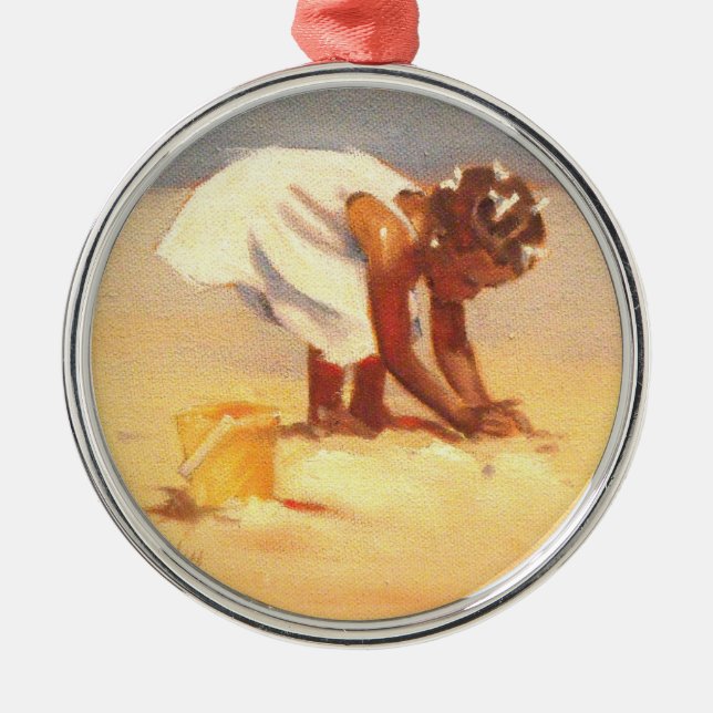 Little African Girl on Beach Metal Tree Decoration (Front)