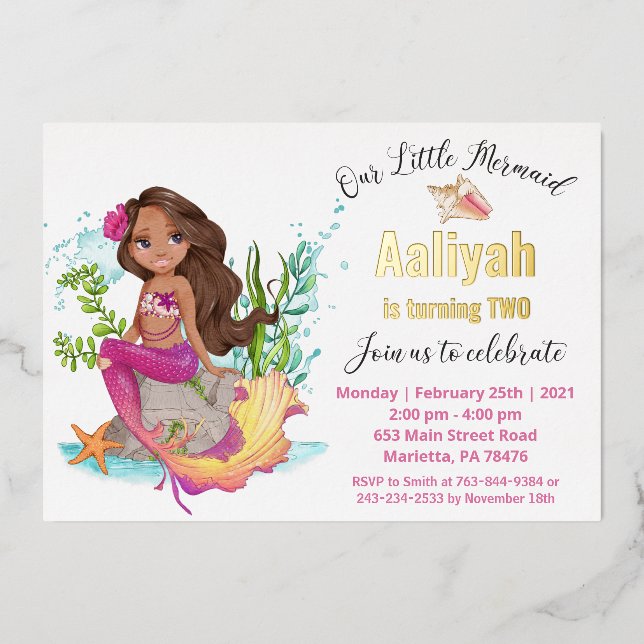 Little Afroamerican Mermaid Birthday Real Foil Inv (Front)
