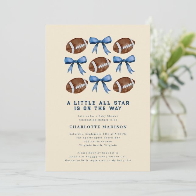 Little All Star Football and Bows Baby Shower  Invitation (Standing Front)