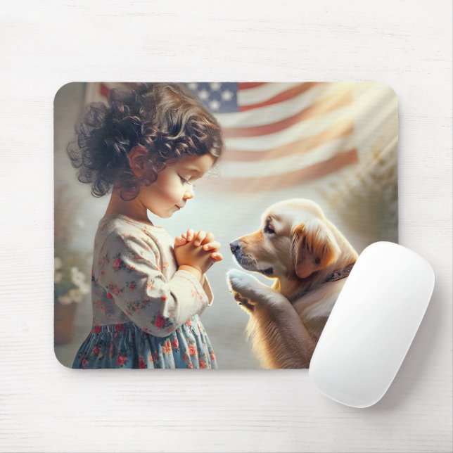 Little American Girl With Dog Praying Mouse Mat (With Mouse)