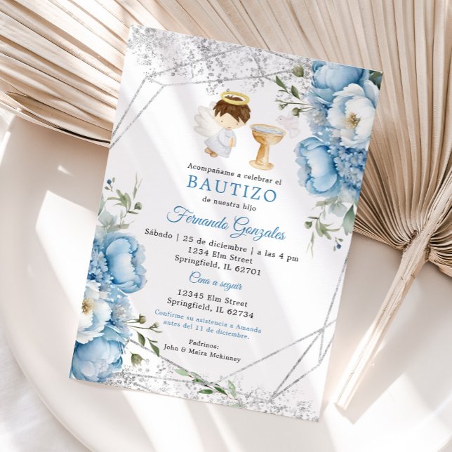 Little Angel Flowers Dusty Blue Silver Boy Bautizo Invitation (Creator Uploaded)