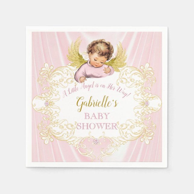 Little Angel on Her Way Pink Gold Girl Wings Napkin (Front)