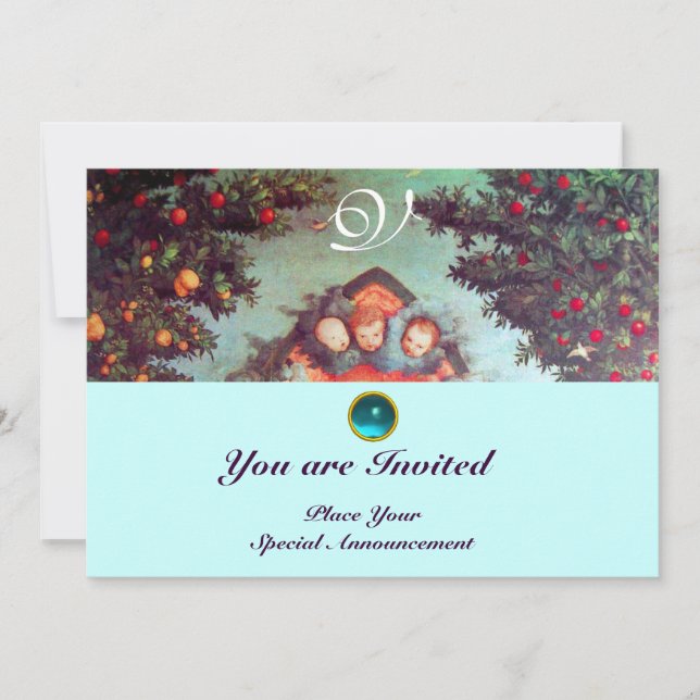 LITTLE ANGELS MONOGRAM bright antique blue red Invitation (Front)