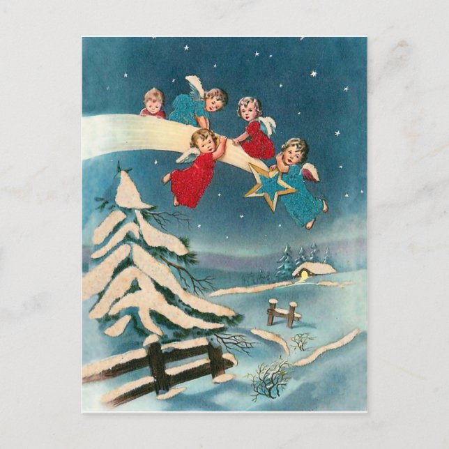 Little angels on shooting star, Christmas greeting Postcard (Front)