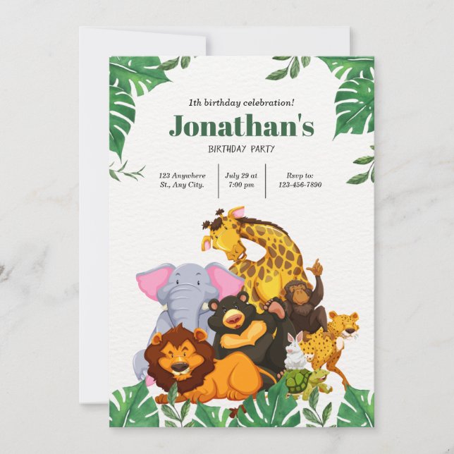 Little Animals Jungle Safari 1st Birthday Invitation (Front)