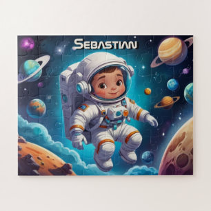 Little Astronaut Boy in Solar System Personalised Jigsaw Puzzle