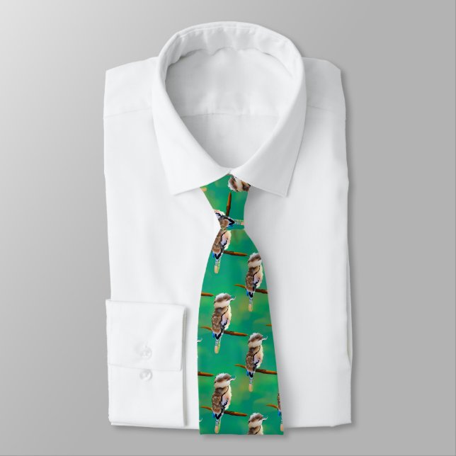 Little Australian Kookaburra Bird Pattern Green Tie (Tied)