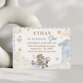 Little Aviator Blue Gingham Teddy Bear Invitation
